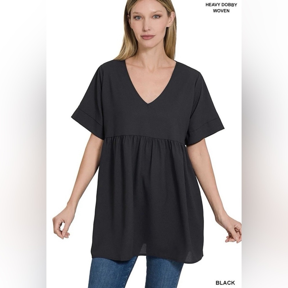 NWOT Zenana Black Heavy Dobby Babydoll Tunic Top Small Oversized Empire Waist